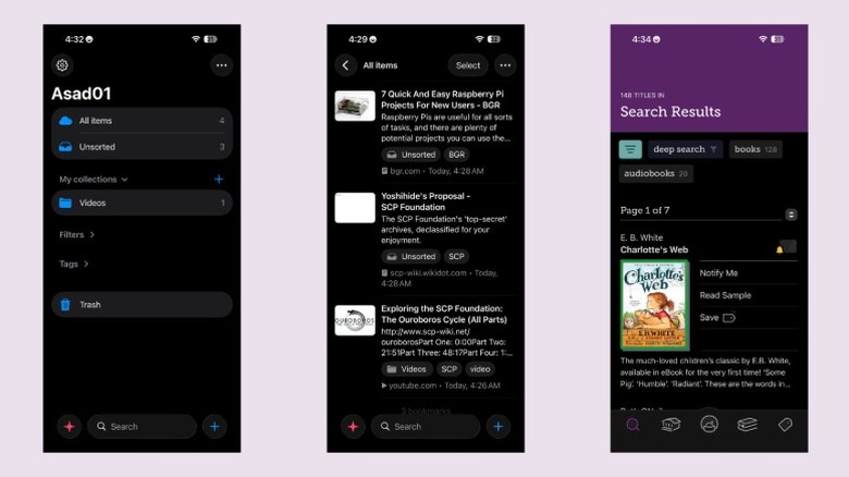 A collection of screenshots from the bookmark manager app Raindrop.io. Screenshots show the home page, collections page, and search results page.