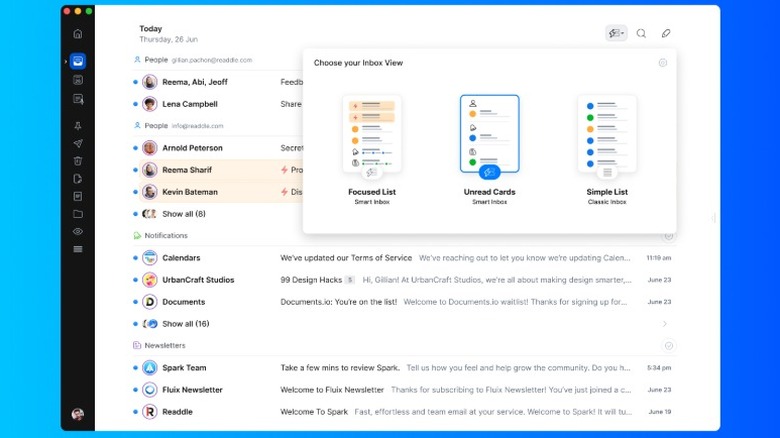 A screensht of the Spark Mail app on Mac showing the different inbox view options.