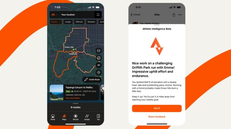 A collection of screenshots of the Strava app, showcasing the map and the Athlete Intelligence feature