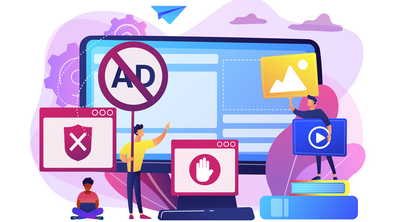 Illustration of screens and pop up windows of ad blocking