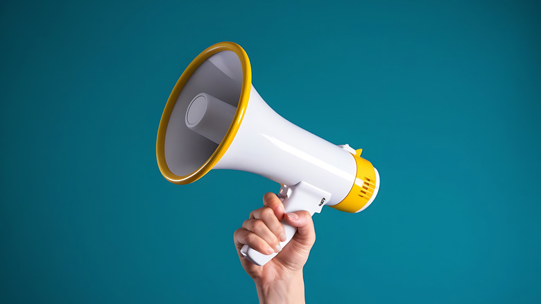 Hand holding white megaphone for public communication