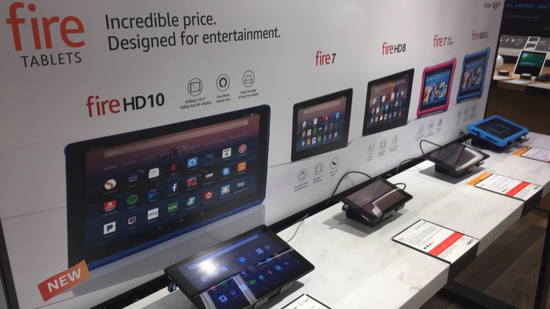 A lineup of the Amazon Fire tablets in a store