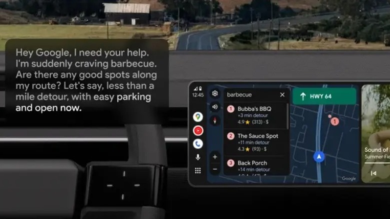 An illustration showing the Android Auto interface with a command for Google Gemini
