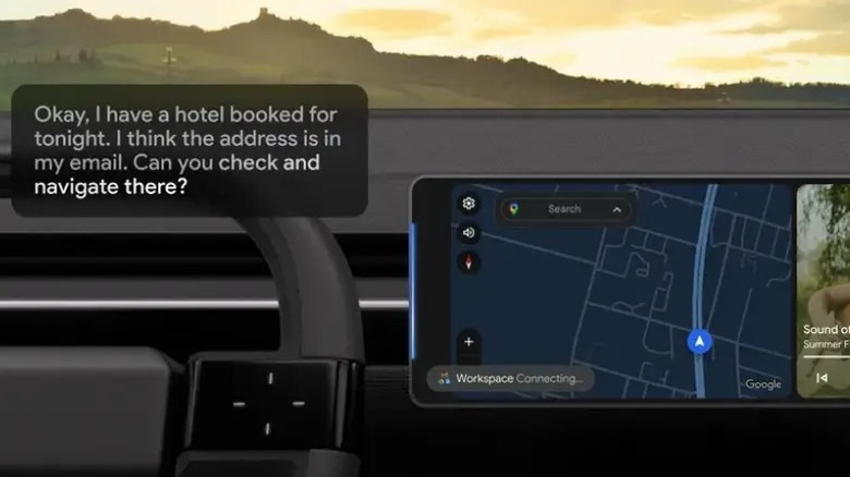 An illustration showing Android Auto interface with a voice command for Gemini AI