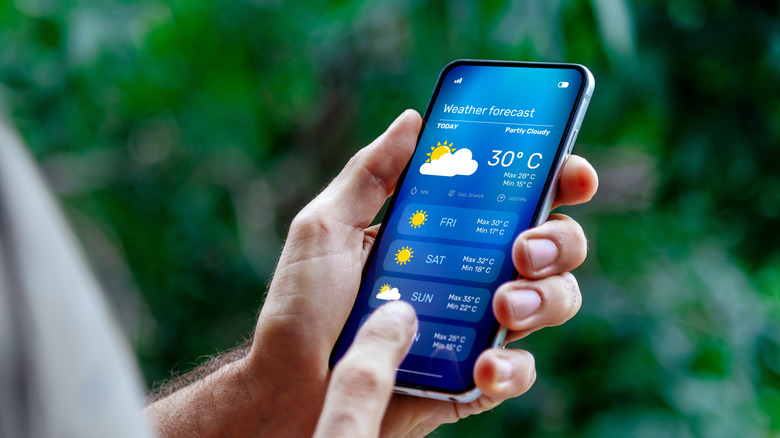 close-up person using weather app on a smartphone