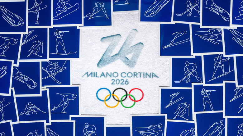 Drawings of individuals performing in various Olympic sports surround the logo for the 2026 Winter Olympics in Italy