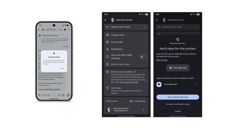 Screenshot of new Google Messages security features.