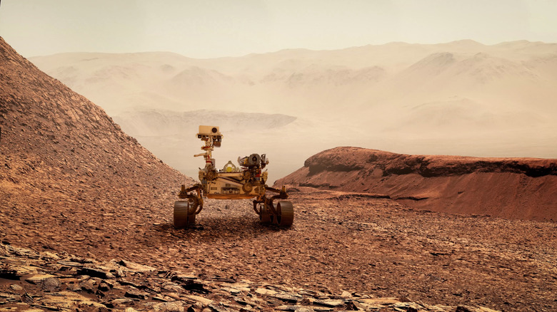 The Mars Rover exploring the surface of Mars