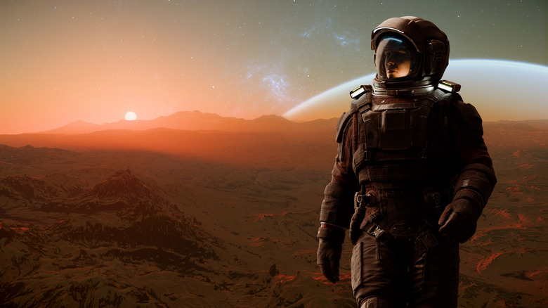 A futuristic astronaut walking on an alien planet