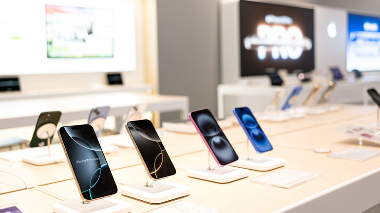 The iPhone 16 series on display in a store.
