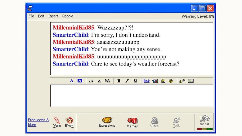 An AOL Instant Messenger window wherein an individual is interacting with SmarterChild in a somewhat obnoxious way