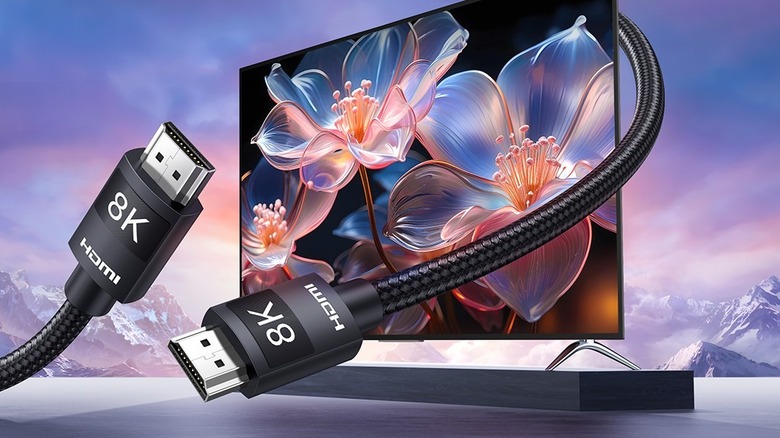 Ugreen HDMI 2.1 Cable Certified 8K render of the cable wrapping around a TV showing both ends