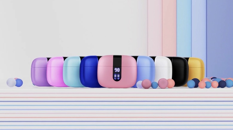 The Tagry X08 wireless earbuds are pictured, with pastel hues complimenting them.