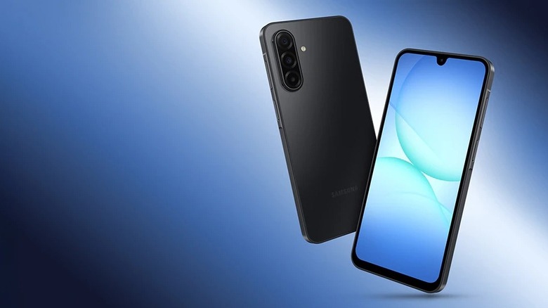 Two Samsung Galaxy A17 phones against a gradient background
