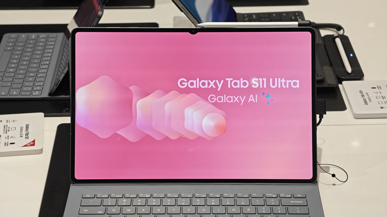 galaxy tab s11 ultra in a storefront with magnetic keyboard attached