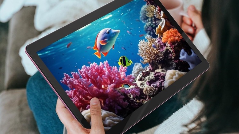 Coopers 10-inch Android tablet in use with aquarium scene.