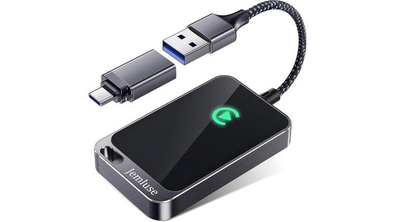 An Amazon photo displaying Jemluse's wireless CarPlay adapter, including its USB-A to USB-C adapter