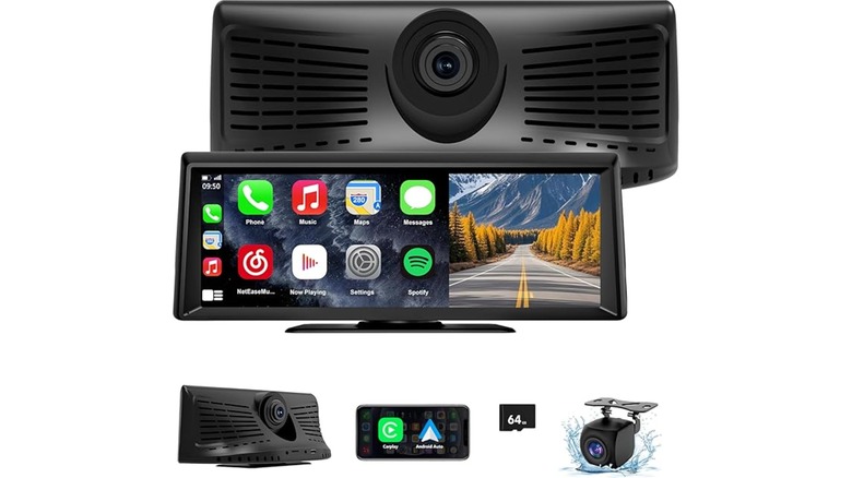 An Amazon photo displaying the front and back of the Apenet Wireless CarPlay Screen, as well as the backup camera, a 64GB microSD card, and a phone displaying the Android Auto and Apple CarPlay logos