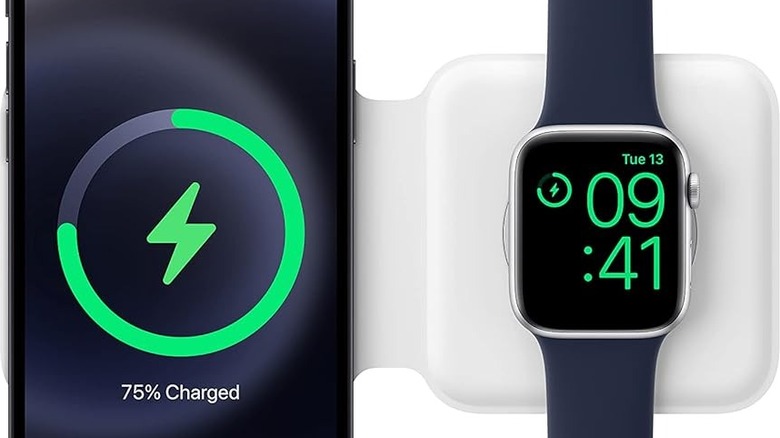 Close-up of Apple Watch and iPhone charging