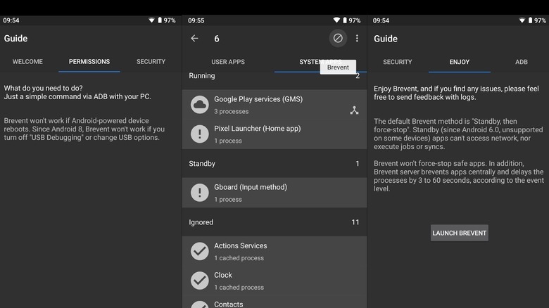 Brevent app screens showing Android permissions, background app management, and setup guide.