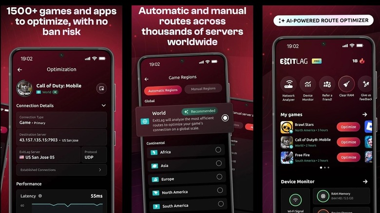 ExitLag mobile app screens showing game optimization, server routing, and performance tools.