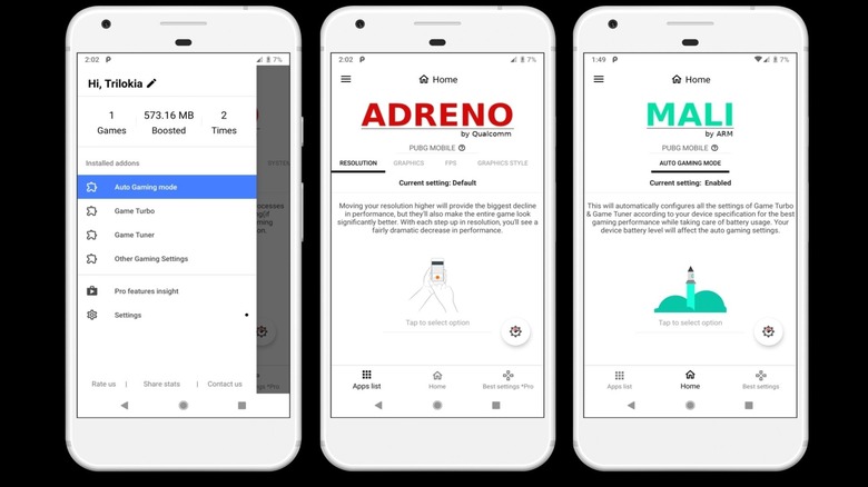 Gamers GLTool app screens showing Android game optimization settings for Adreno and Mali GPUs.
