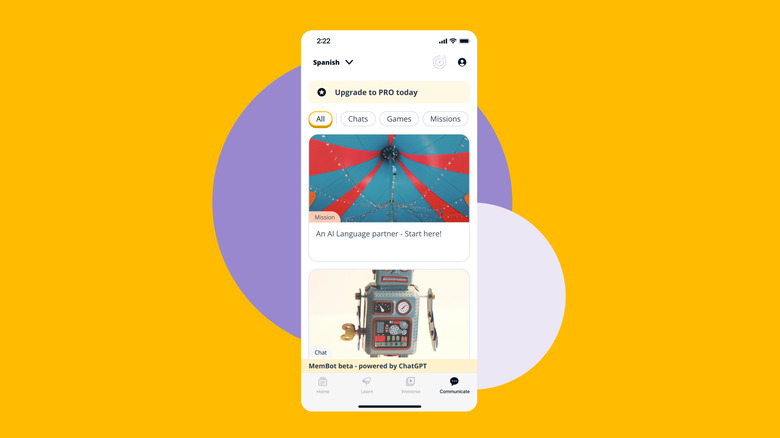 Memrise app screenshot over a yellow background