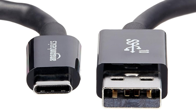 Amazon Basics USB-C to USB-A 3.1 Gen 2 showing usb-c and usb-a tips of cable on white background