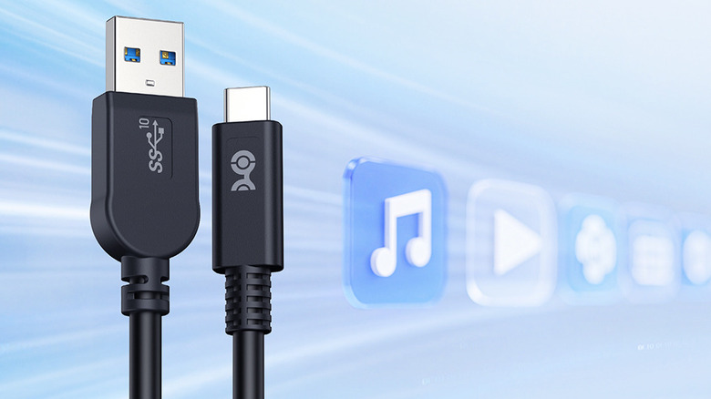 Cable Matters 10Gbps Gen 2 USB-A to USB-C Cable render showing both ends of cable on blue background
