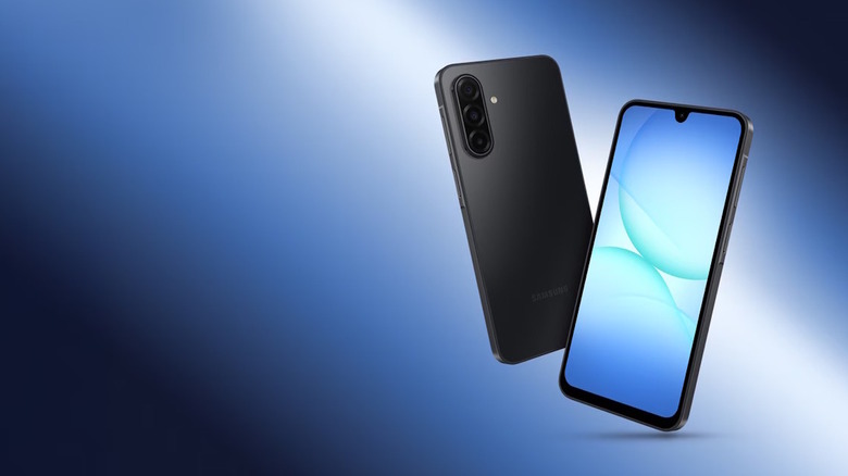 Samsung Galaxy A17 5G showing front and rear of phone against blue background
