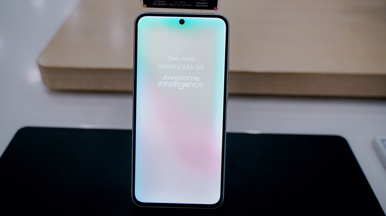 The Samsung Galaxy A56 on display in a store