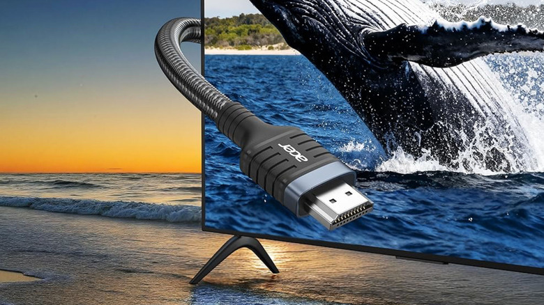The Acer HDMI cable with a TV in the background
