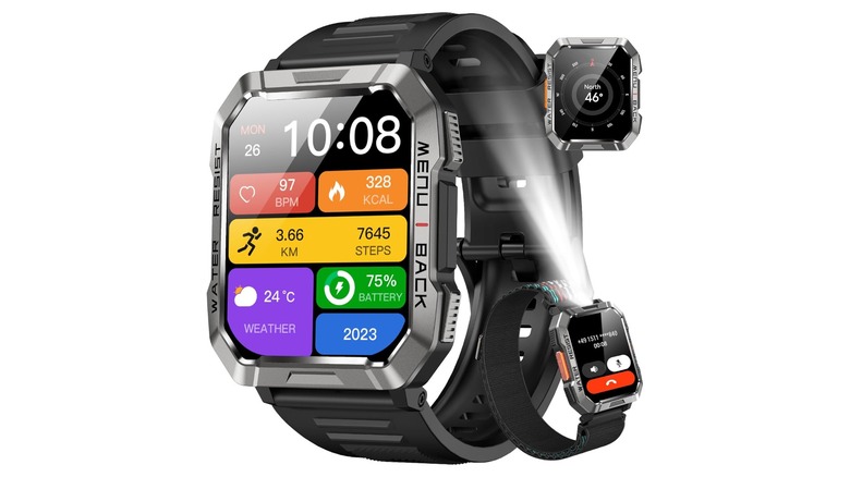 An Amazon promotional image for the Blackview Military Smart Watch, the image showcases a large image of the watch displaying health metrics, and has two additional views of the watch showcasing its compass, flashlight, and ability to make and receive phone calls