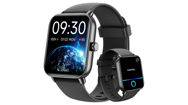 An Amazon promotional image for the Gydom Smart Watch, the image showcases the Home screen of the watch, but also shows its Amazon Alexa support