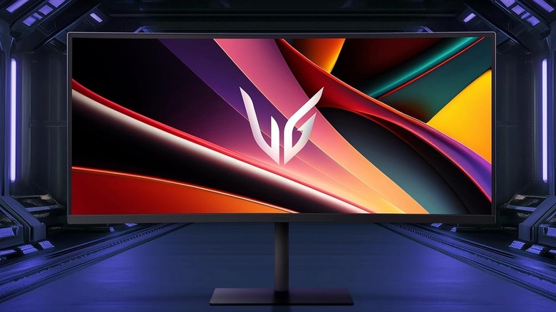 LG 34G630A-B against a futuristic background