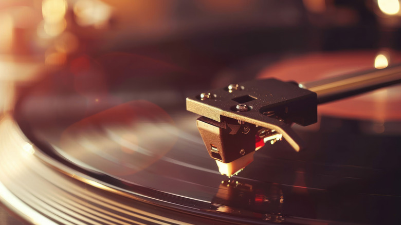 Close-up of a stylus playing a vinyl record on a turntable