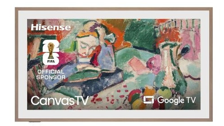 Hisense CanvasTV with a teak-colored magnetic frame