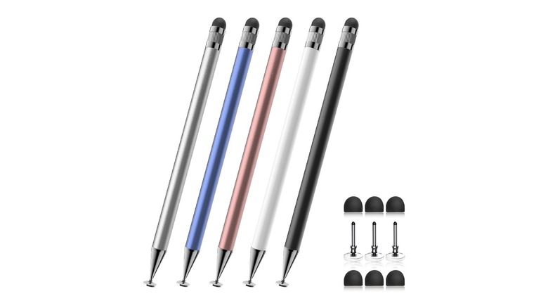 A line up of five stylus pens of different colors with replacement tips on the side
