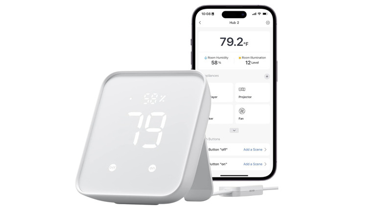 SwitchBot Hub 2 smart home hub shown beside a smartphone app with temperature and device controls.