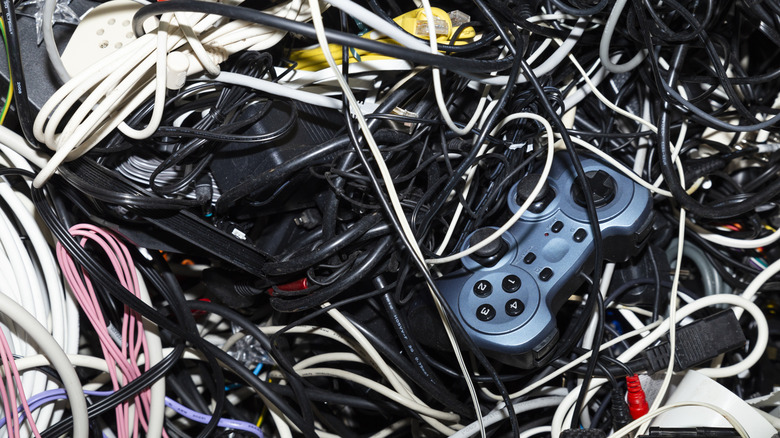 Image of a generic game controller in a messy pile of cables