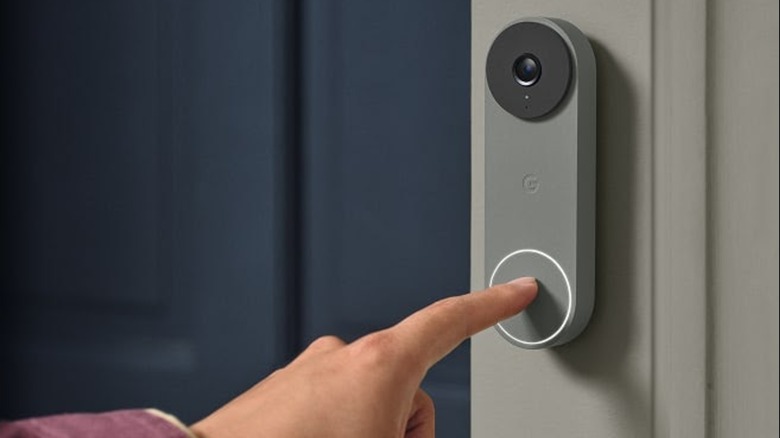 Person ringing a Google Nest doorbell camera