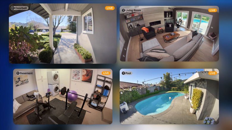 A screenshot showing a grid of feeds from home security cameras on Apple TV