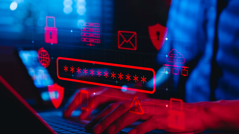 A person typing in the background with a red password text field showing multiple red warnings