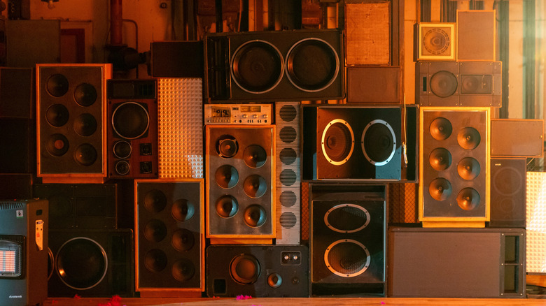 Collection of vintage speakers in garage