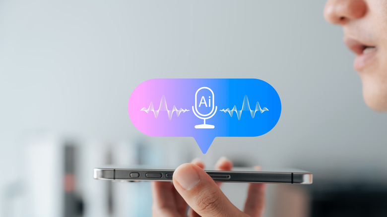 Person holding smartphone and speaking into it, with a voice-tech graphic hovering above