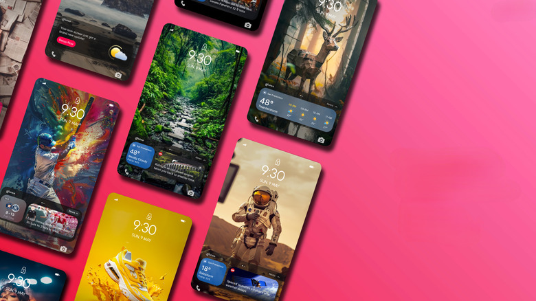Promotional image of Glance for Motorola on pink background showing screenshots of the lock screen