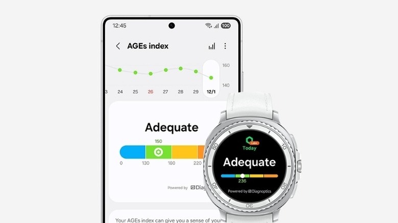 A pair of screenshots showing the AGEs Index feature on a Samsung smartwatch and a phone