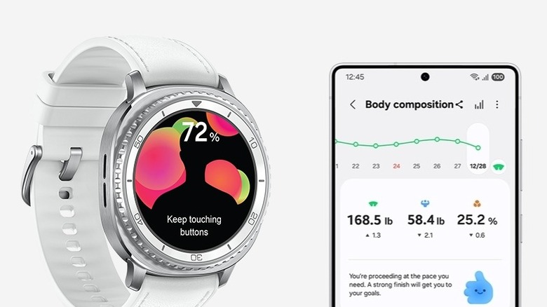 A screenshot showing the body composition measurement feature on a Samsung smartwatch and a phone