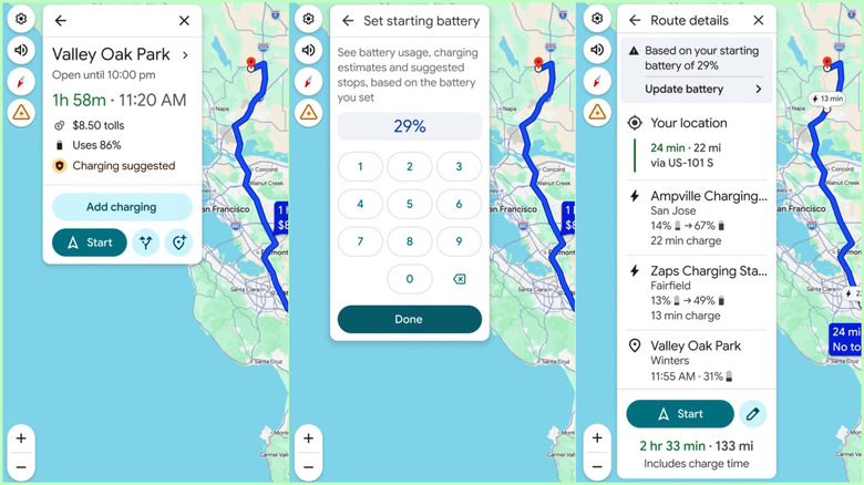 Screenshots showing Google Maps battery prediction feature in action