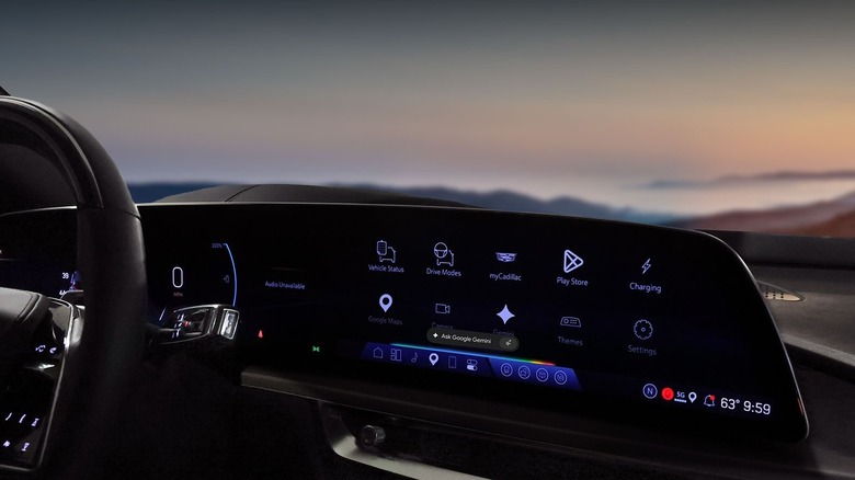 Infotainment display on a Cadillac car with Google built-in showing Google Maps and other apps